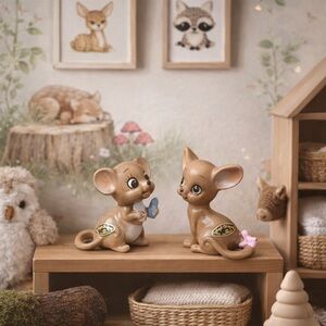 Vtg Mouse Figurines Josef Originals Girl Pink Bow Baby Bib Spoon MCM Cake Topper